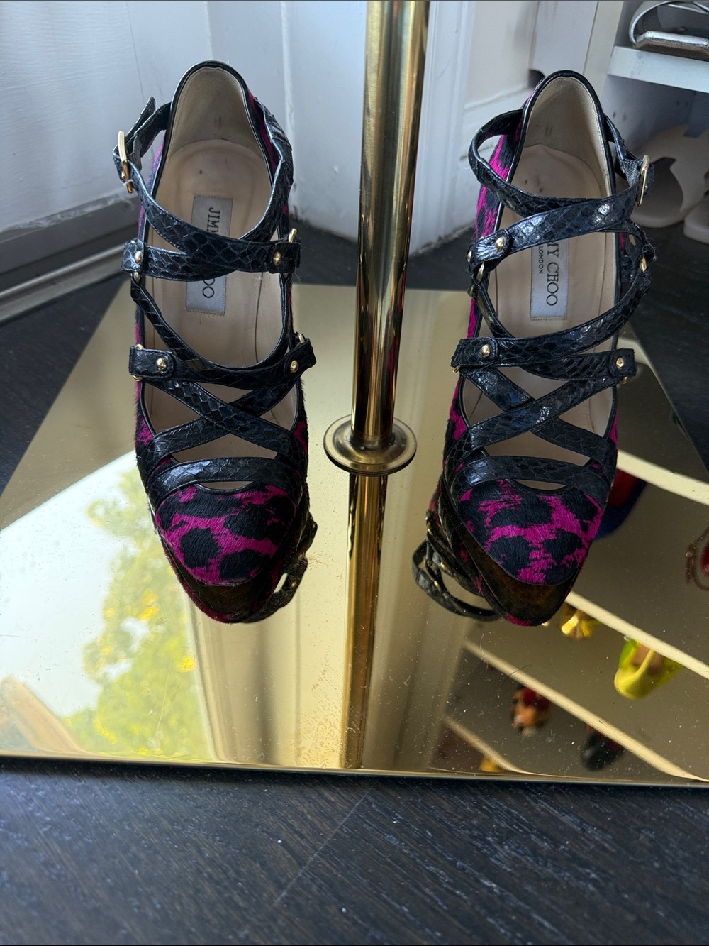 Jimmy Choo Black & Fuchsia Leopard-Print pony hair and python strappy heels